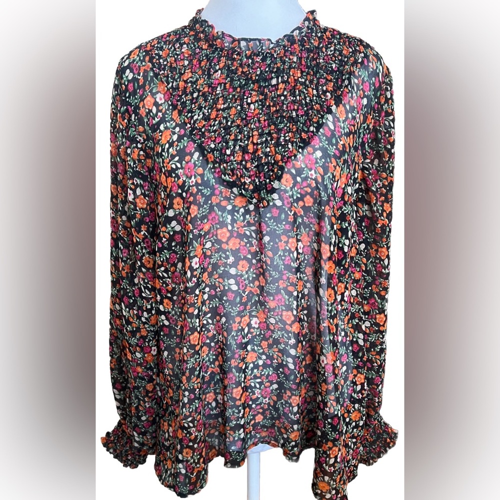 TOPSHOP Black Pink Orange Floral Semi Sheer Chiffon Smocked Blouse Medium